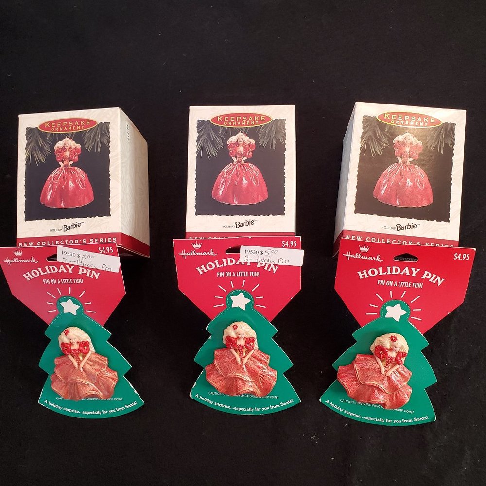 Hallmark Barbie Pins & 1993 Holiday Barbie Ornaments NIB
